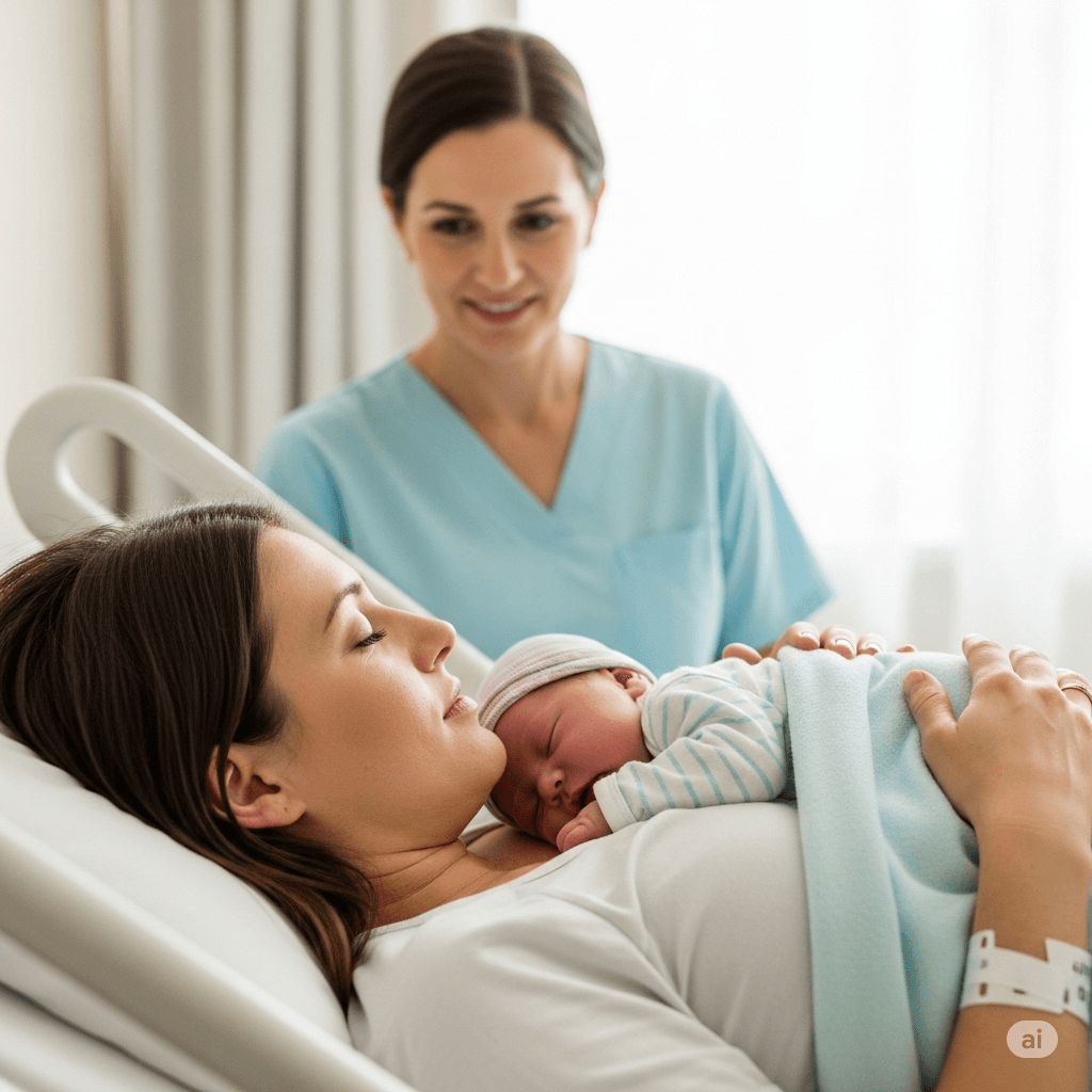 Contato pele a pele entre mãe e bebê após parto humanizado, durante a primeira hora de vida