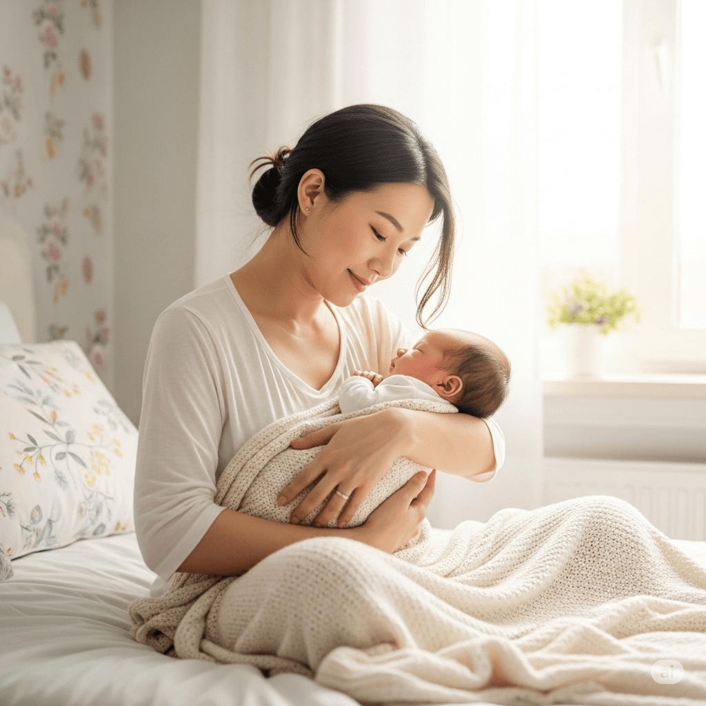 Recuperação física natural e tranquila após parto humanizado, com mãe descansando ao lado do bebê