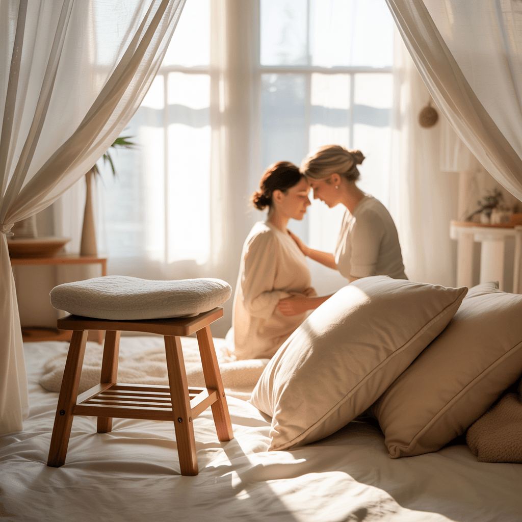 Ambiente acolhedor e seguro no parto humanizado com luz baixa e clima íntimo