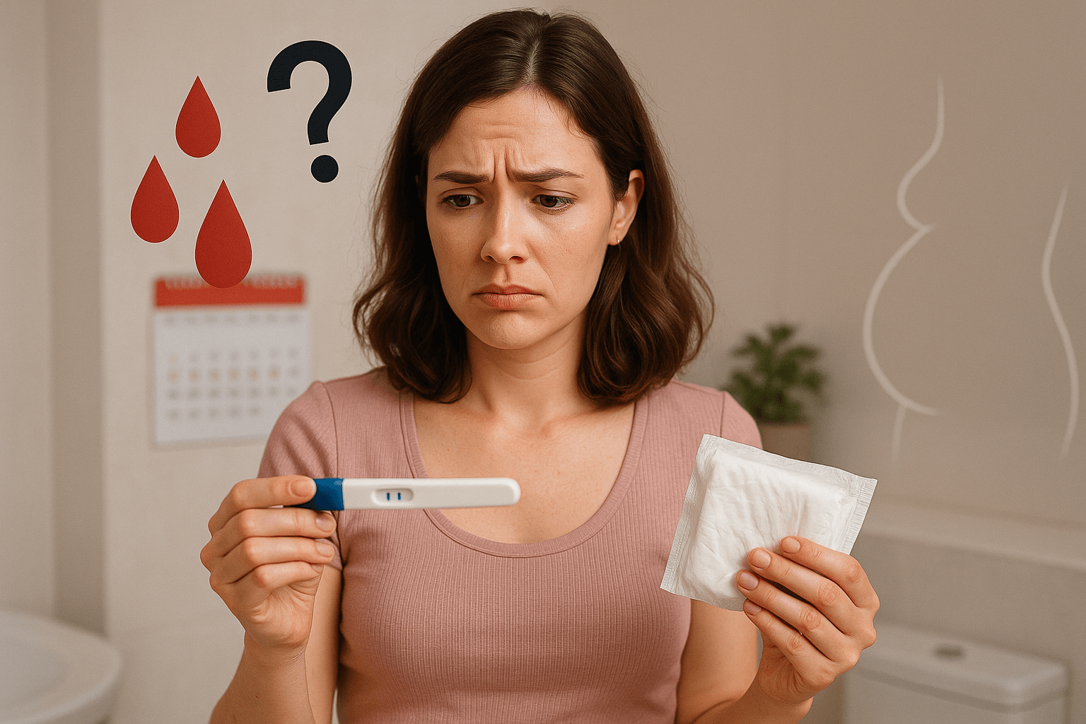 Mulher com expressão de dúvida segurando um teste de gravidez positivo e um absorvente, representando a dúvida comum sobre gravidez menstruada