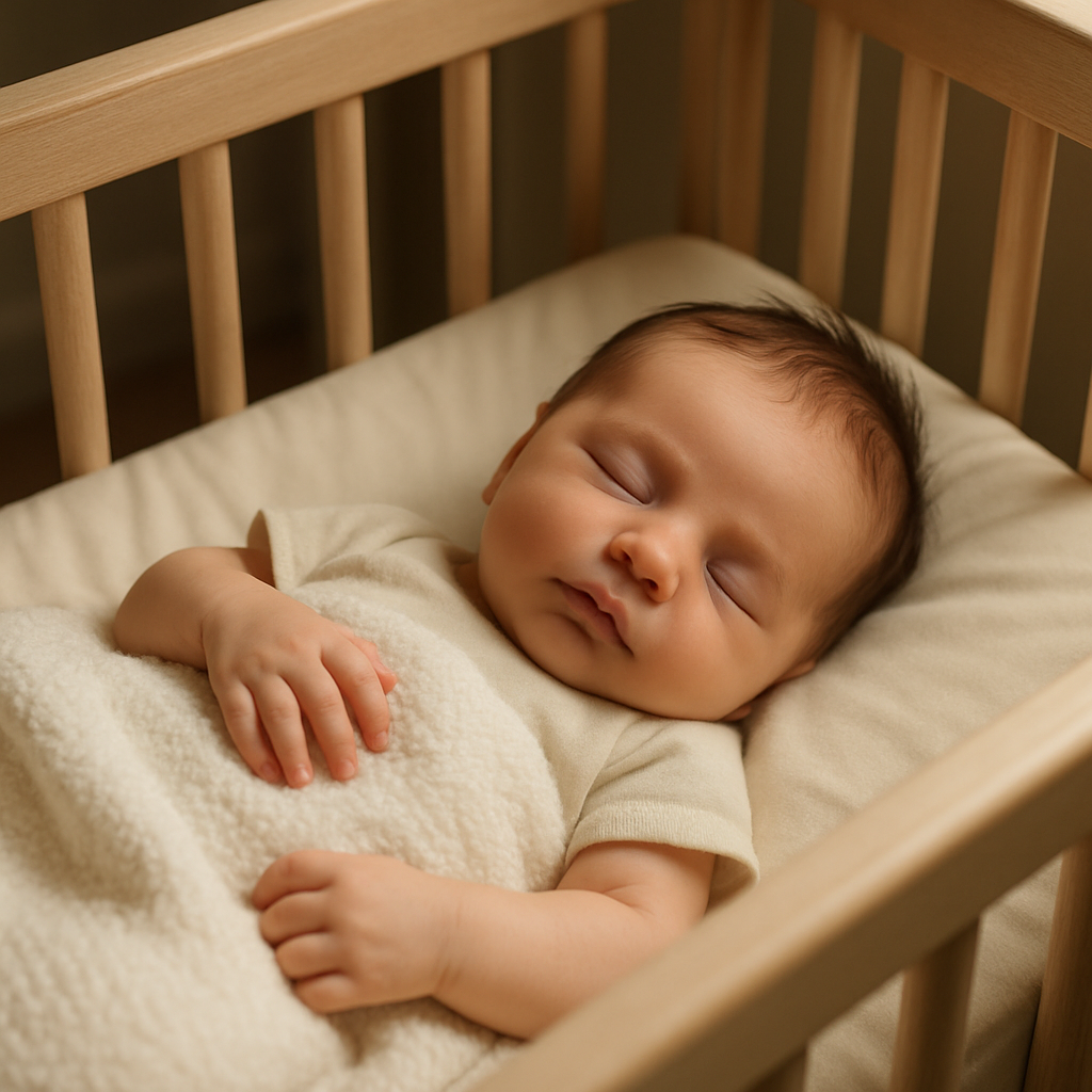 Um recém nascido dormindo tranquilamente em um berço limpo e seguro,