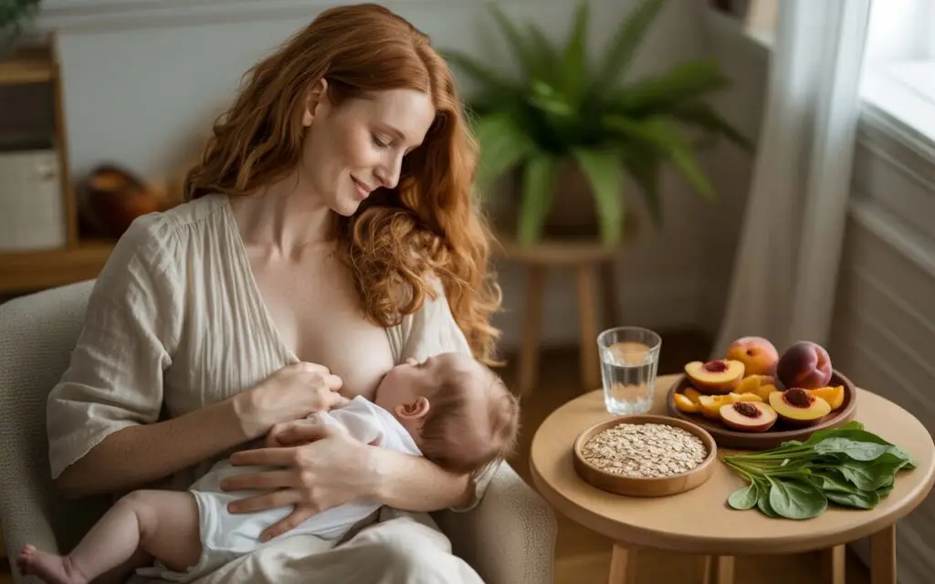 Mãe amamentando com alimentos naturais que ajudam na produção de leite materno
