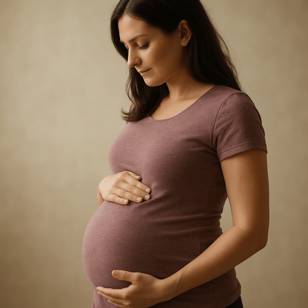 Mulher grávida sentindo os movimentos do bebê acima do umbigo