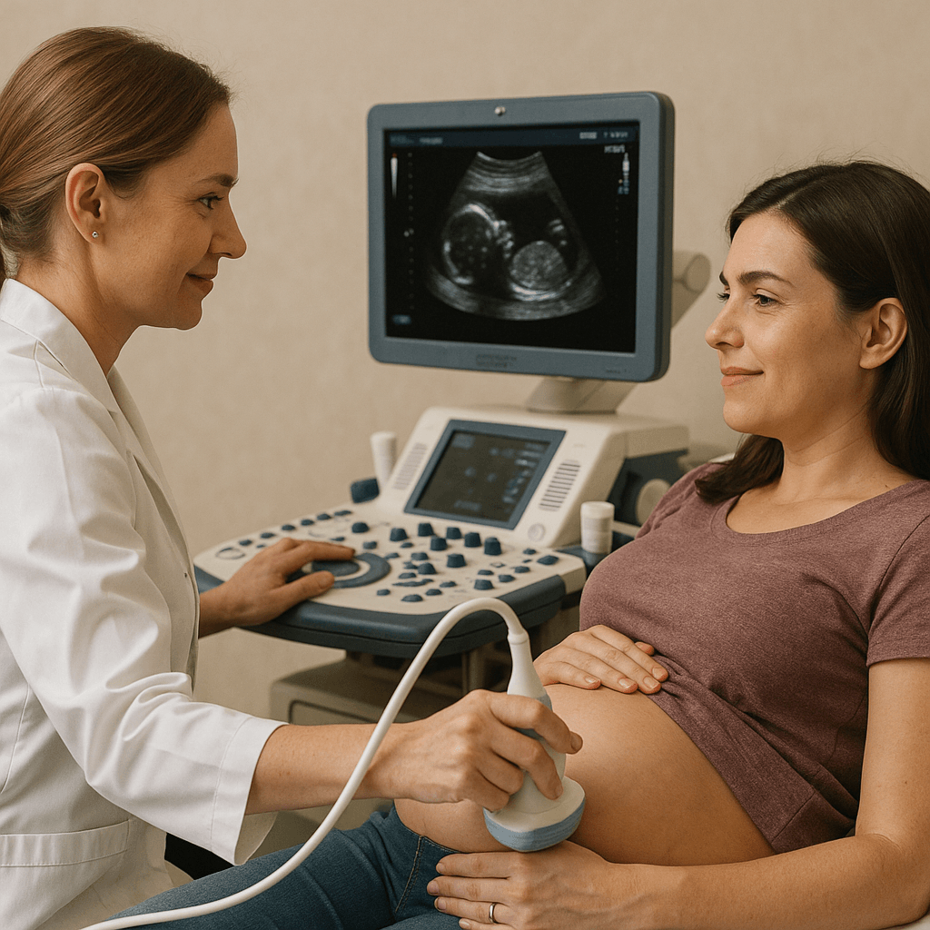 Profissional realizando ultrassonografia em mulher grávida para monitoramento do bebê durante o pré-natal.
