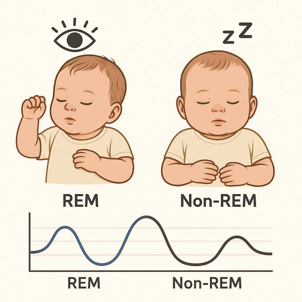 Uma ilustração de um bebê em diferentes fases do sono (REM e não-REM),