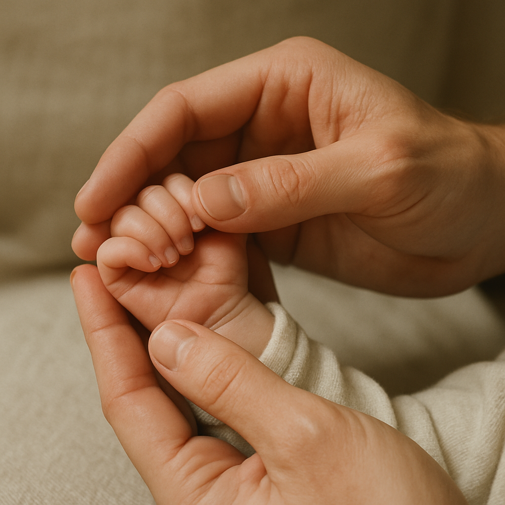  um adulto segurando as mãos pequenas de um recém nascido, transmitindo cuidado e atenção, sem ser alarmista