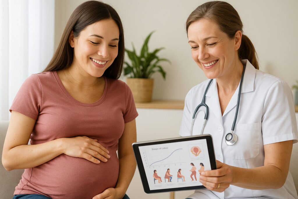 Gestante ao lado de profissional de saúde enquanto analisa informações sobre os tipos de parto