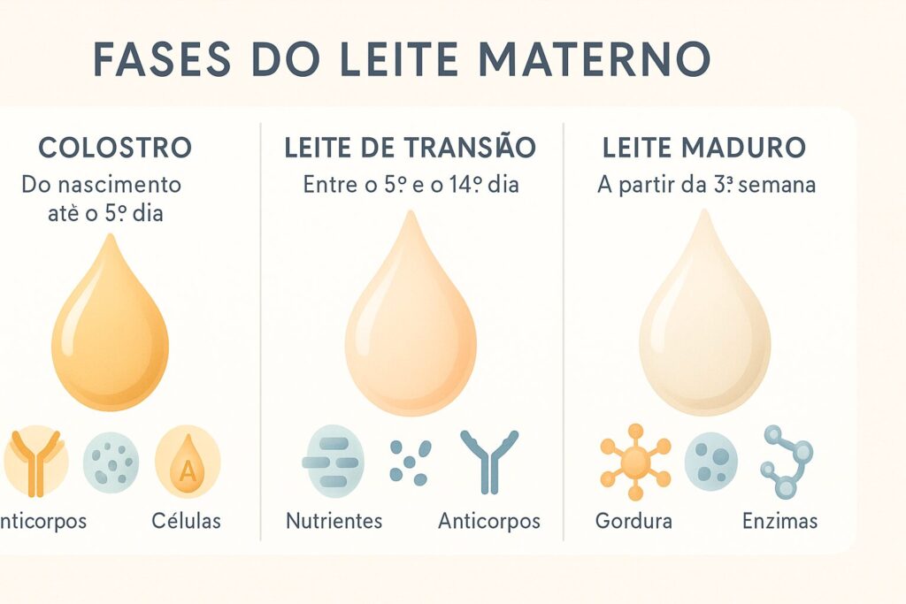 Infográfico mostrando as fases do leite materno — colostro, leite de transição e leite maduro — e seus componentes nutricionais específicos, como anticorpos, gorduras e enzimas.