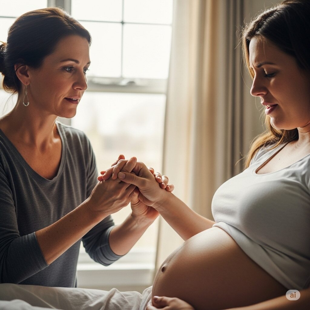 Doula segurando a mão da gestante durante a contração.
