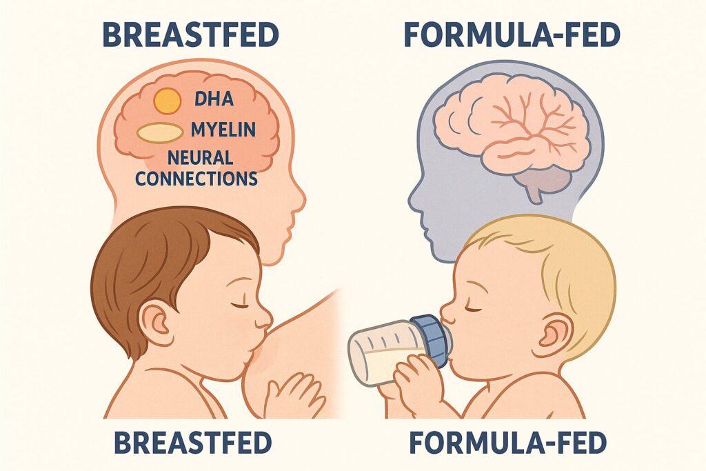 Infográfico comparando o desenvolvimento cerebral de bebês amamentados e não amamentados, com destaque para nutrientes como DHA, colina e mielina presentes no leite materno.