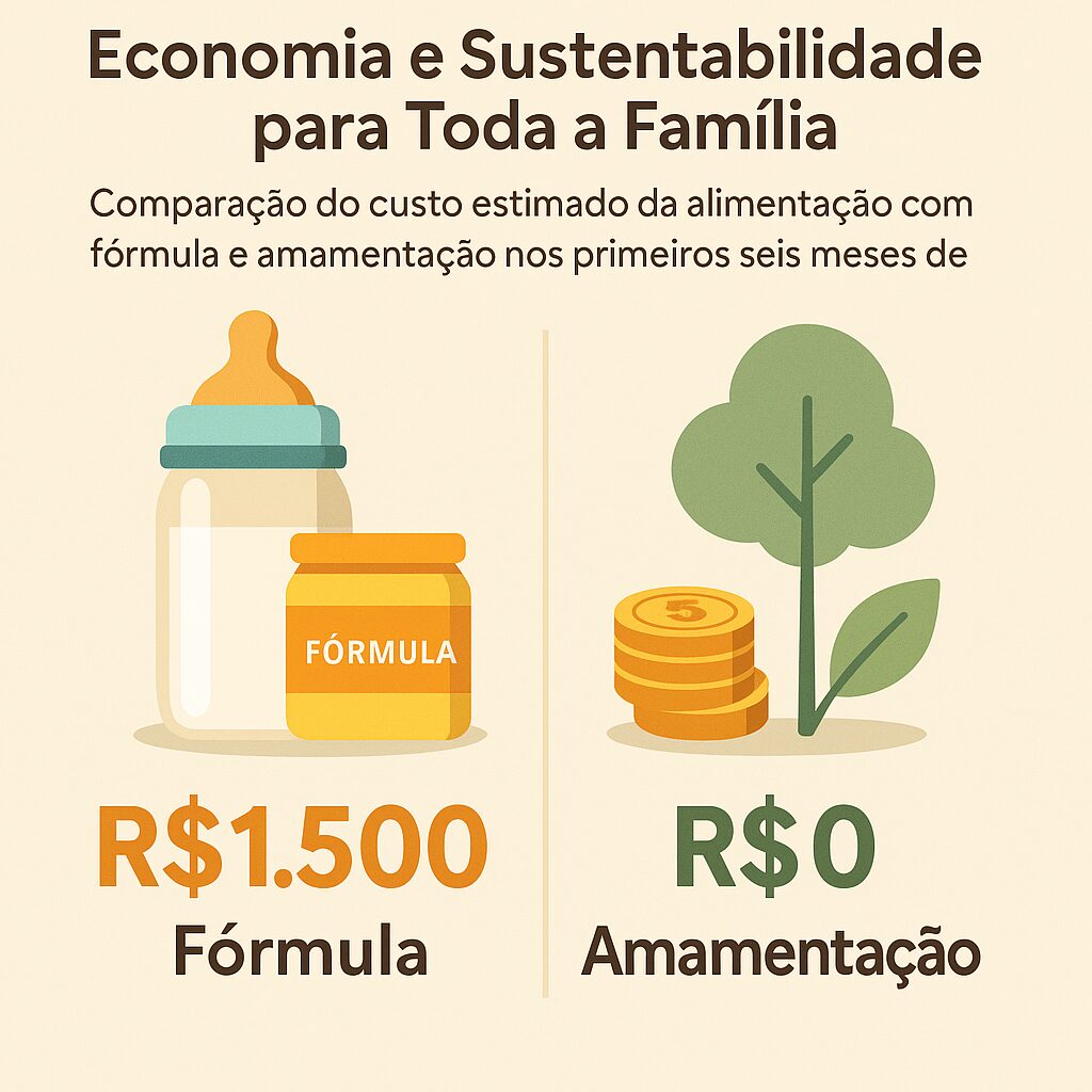 Infográfico ilustrando os custos econômicos e ambientais da fórmula infantil versus os benefícios financeiros e sustentáveis do aleitamento materno.