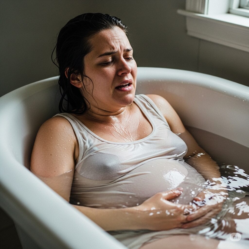 Mulher em banheira durante o trabalho de parto
