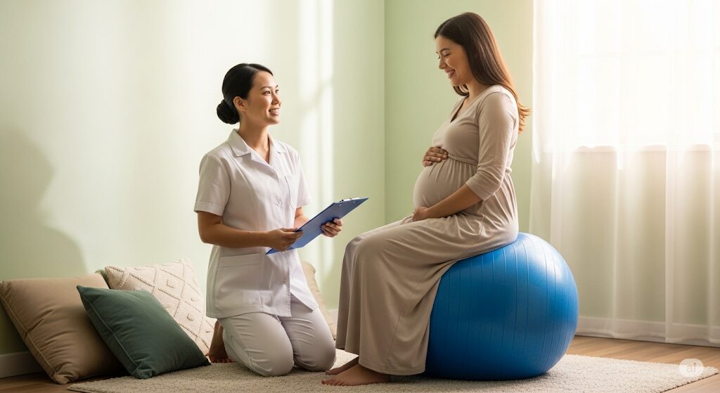 Gestante sendo acompanhada em parto humanizado.