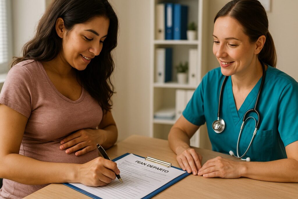 Mulher preenchendo plano de parto no SUS.
