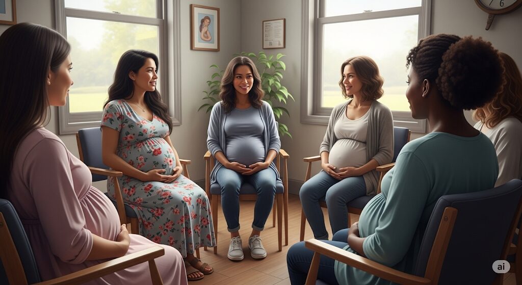 Roda de conversa com gestantes no SUS.
