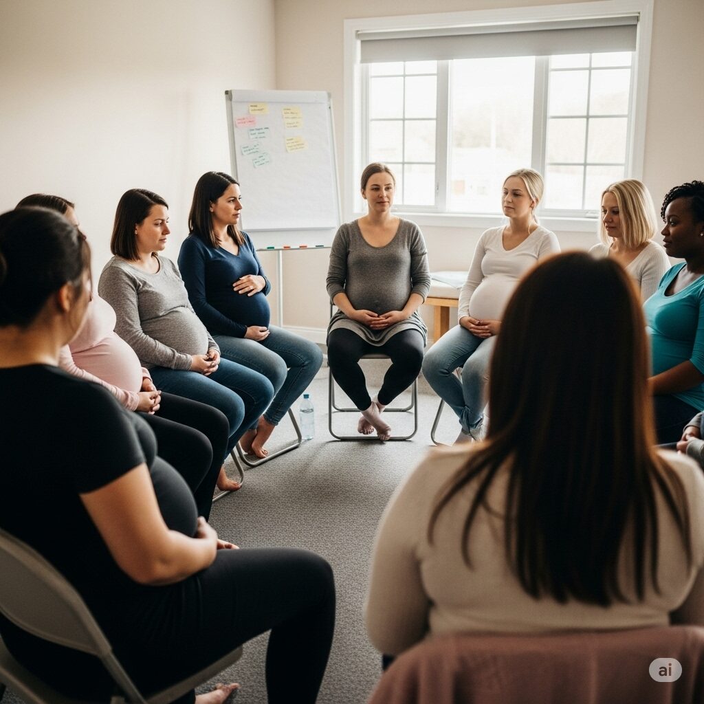 Aula de preparação para o parto com gestantes em roda.