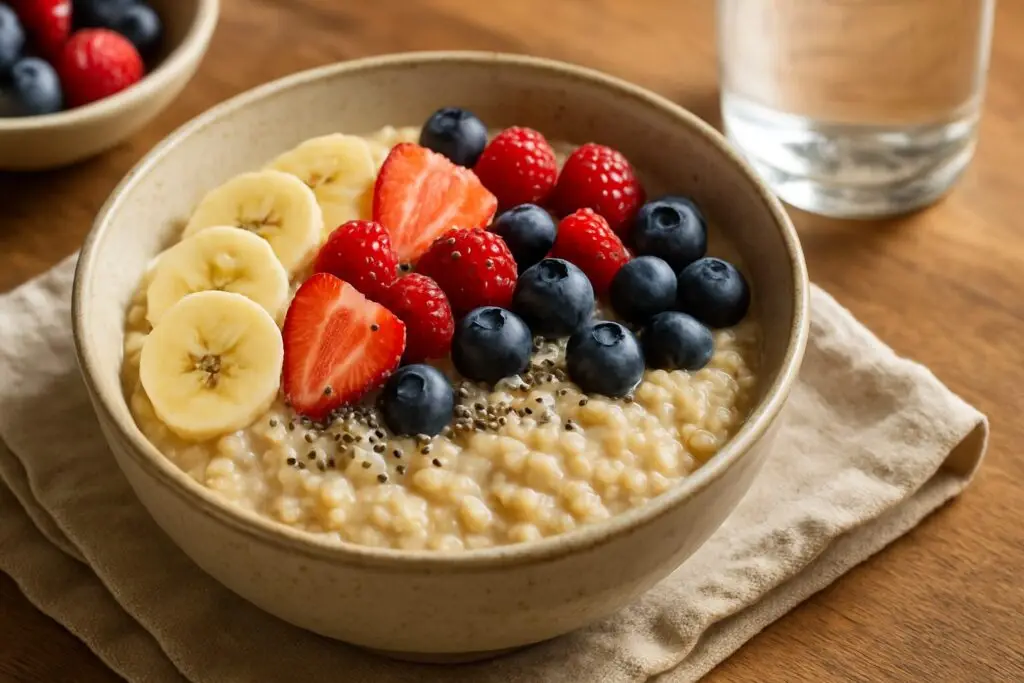 Tigela de aveia com frutas, alimento que ajuda a aumentar o leite materno naturalmente.
