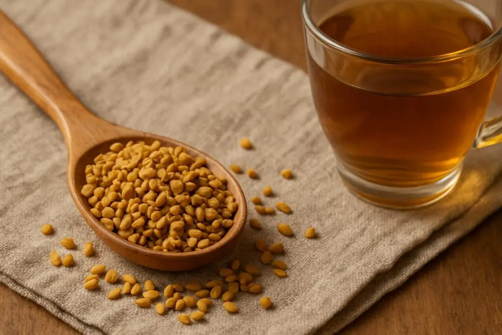 Sementes de feno-grego e chá, utilizados para aumentar a produção de leite materno.
