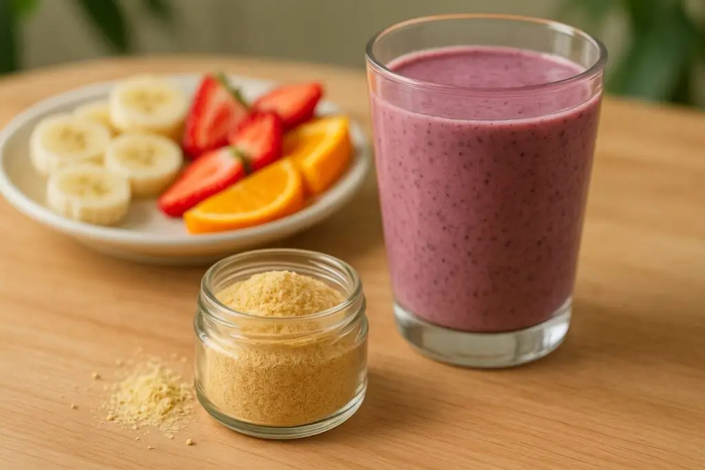 Pote de levedura de cerveja ao lado de smoothie e frutas
