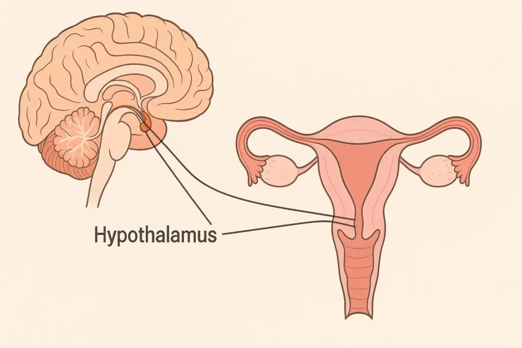 Ilustração médica mostrando a conexão entre cérebro e sistema reprodutivo feminino
