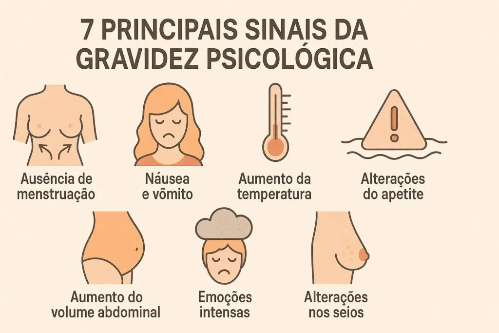  Infográfico ilustrando os 7 principais sinais da gravidez psicológica