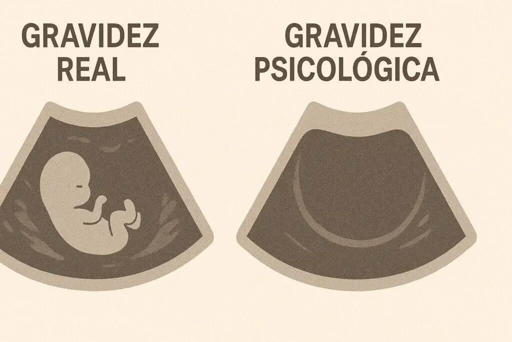 Comparativo visual entre ultrassom de gravidez real e útero vazio na gravidez psicológica