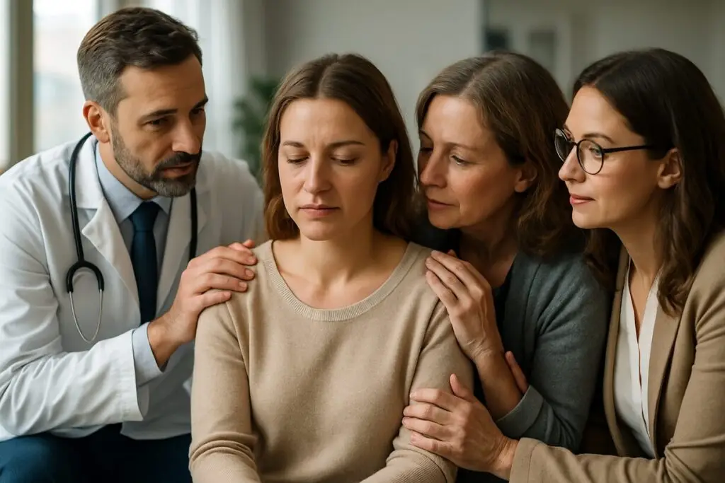 Equipe multidisciplinar (médico, psicólogo, apoio familiar) cuidando de uma mulher com gravidez psicológica
