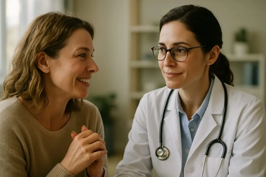 mulher conversando confortavelmente com uma médica