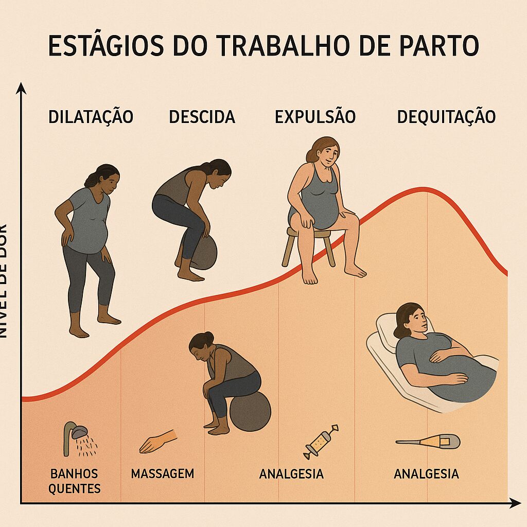 Gráfico ilustrativo dos estágios do trabalho de parto com níveis de dor e métodos de alívio