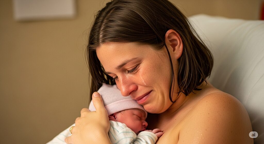 Mãe segurando o bebê no colo logo após o parto, com expressão de alívio e emoção