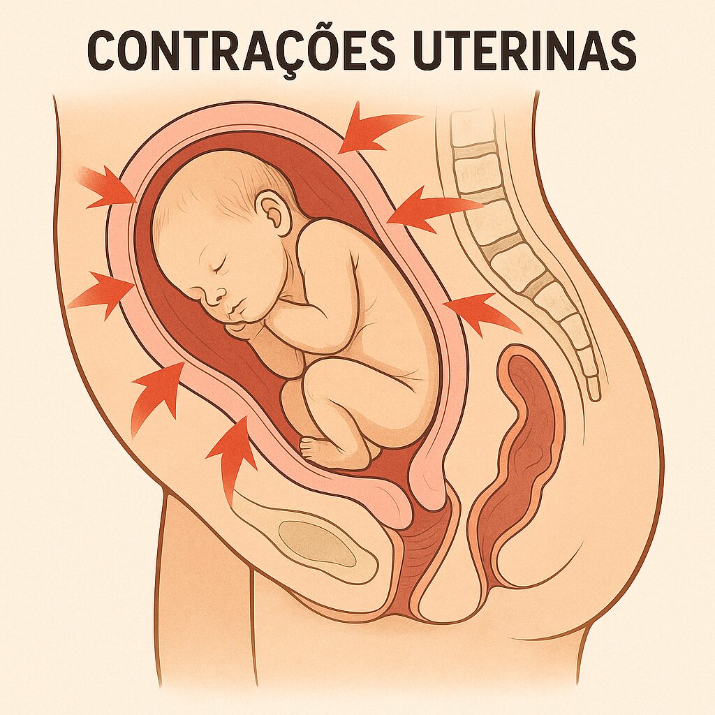  Ilustração anatômica mostrando a ação das contrações no útero durante o parto.