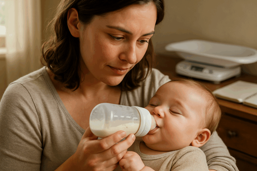 Mãe observando sinais de boa aceitação da fórmula infantil em recém nascido durante alimentação