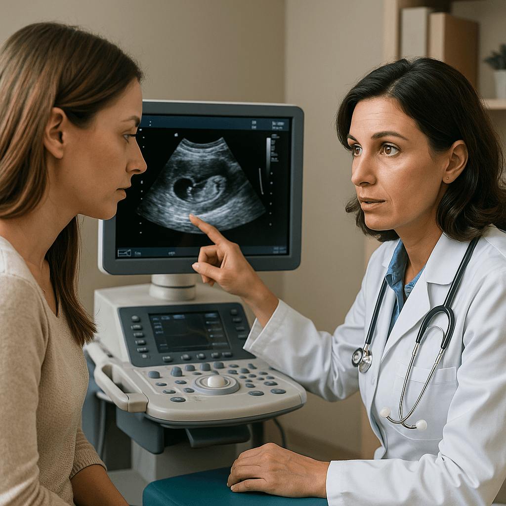 Mulher em consulta ginecológica recebendo explicação médica sobre exame de ultrassonografia transvaginal para diagnóstico de gravidez ectópica.