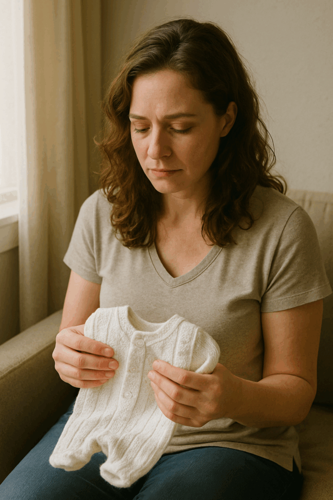 Mulher segurando roupinha de bebê com expressão emocionada e pensativa.
