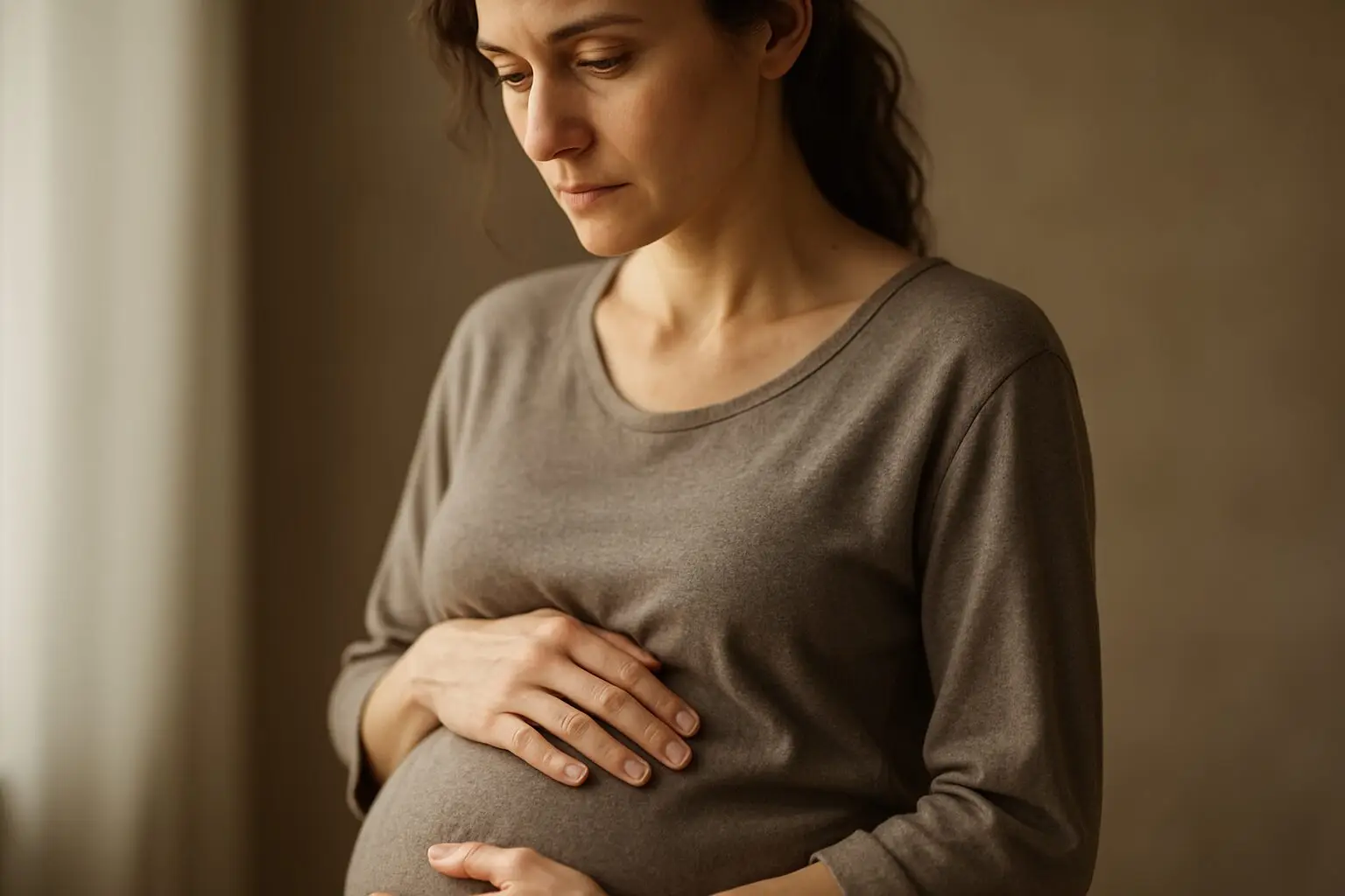 Mulher com sintomas de gravidez psicológica segurando a barriga