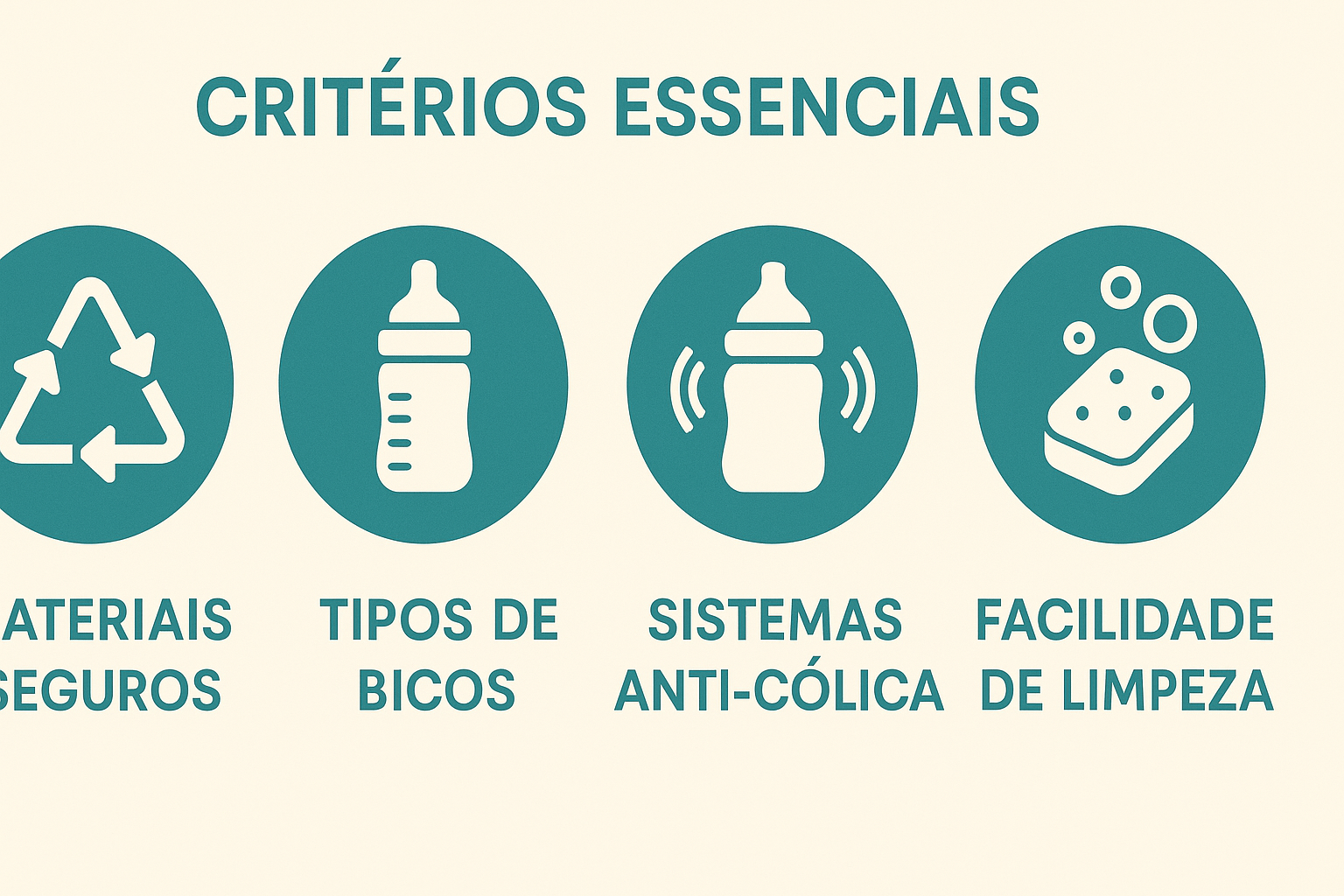 Infográfico com critérios essenciais para escolher mamadeiras para recém-nascido: segurança, bico adequado, sistema anti-cólica e facilidade de limpeza