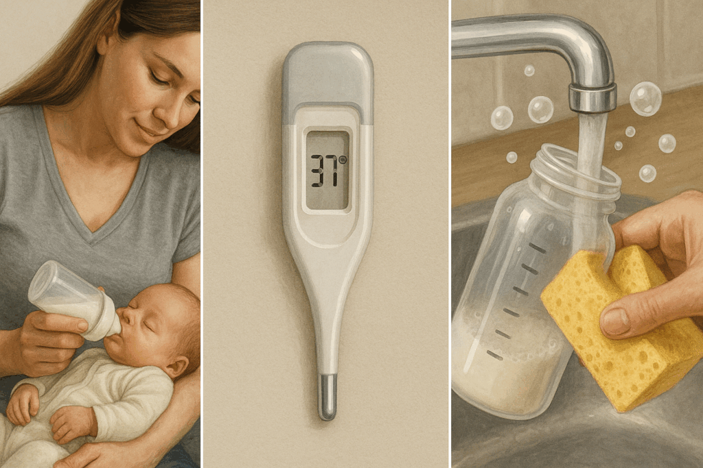Guia visual com dicas práticas: posição correta para alimentar recém-nascido com mamadeira, temperatura ideal do leite e processo de limpeza adequada