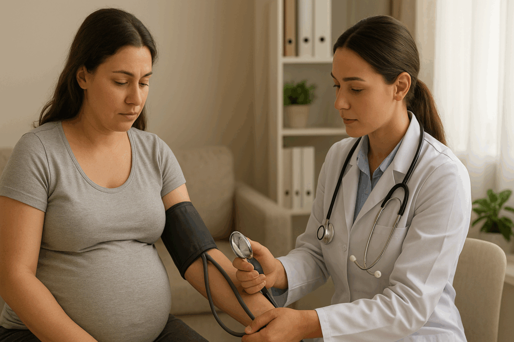 Medição de pressão arterial em gestante durante pré-natal para detectar pré-eclâmpsia
