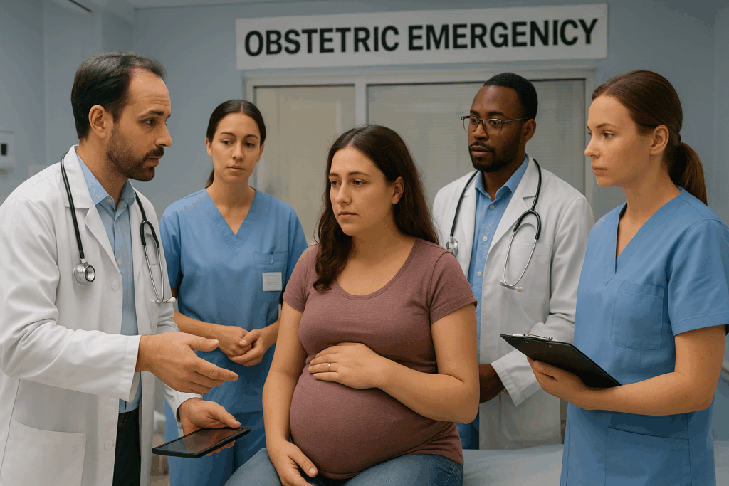 Gestante recebendo atendimento de emergência por inchaço anormal no pronto-socorro obstétrico