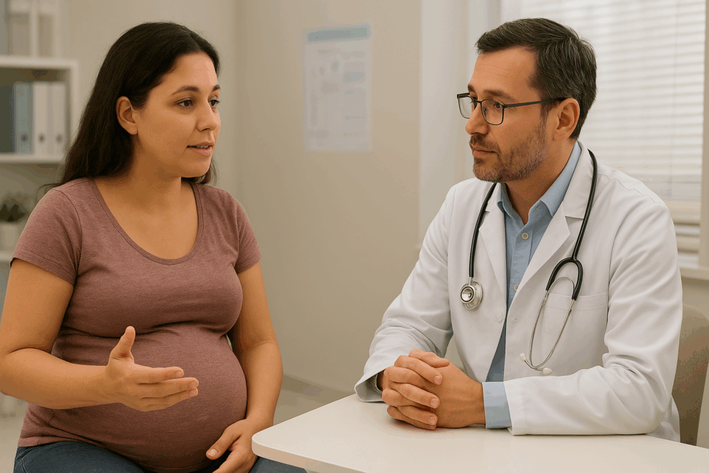 Gestante fazendo perguntas ao médico sobre inchaço na gravidez importância do diálogo no pré-natal