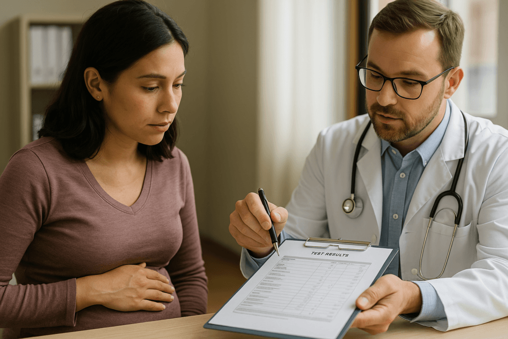 gestante analisando riscos gestacionais e histórico familiar durante a consulta de pré-natal