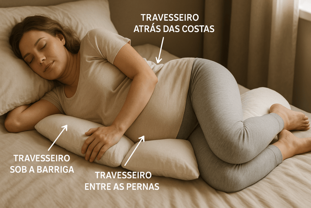Como posicionar travesseiros para dormir bem na gravidez - guia visual de apoio com almofadas