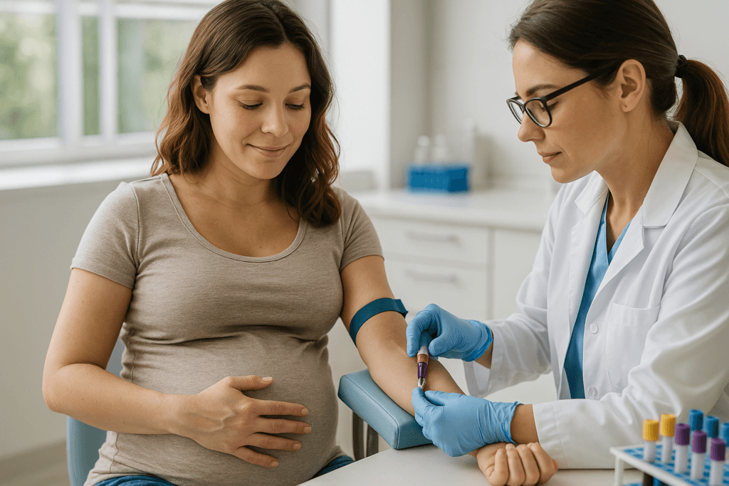 gestante realizando exames laboratoriais na primeira consulta de pré-natal para acompanhamento da gravidez