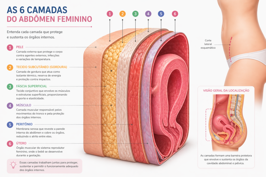 Ilustração das camadas do abdômen que cicatrizam após a cesárea incluindo pele fáscia músculo peritônio e útero