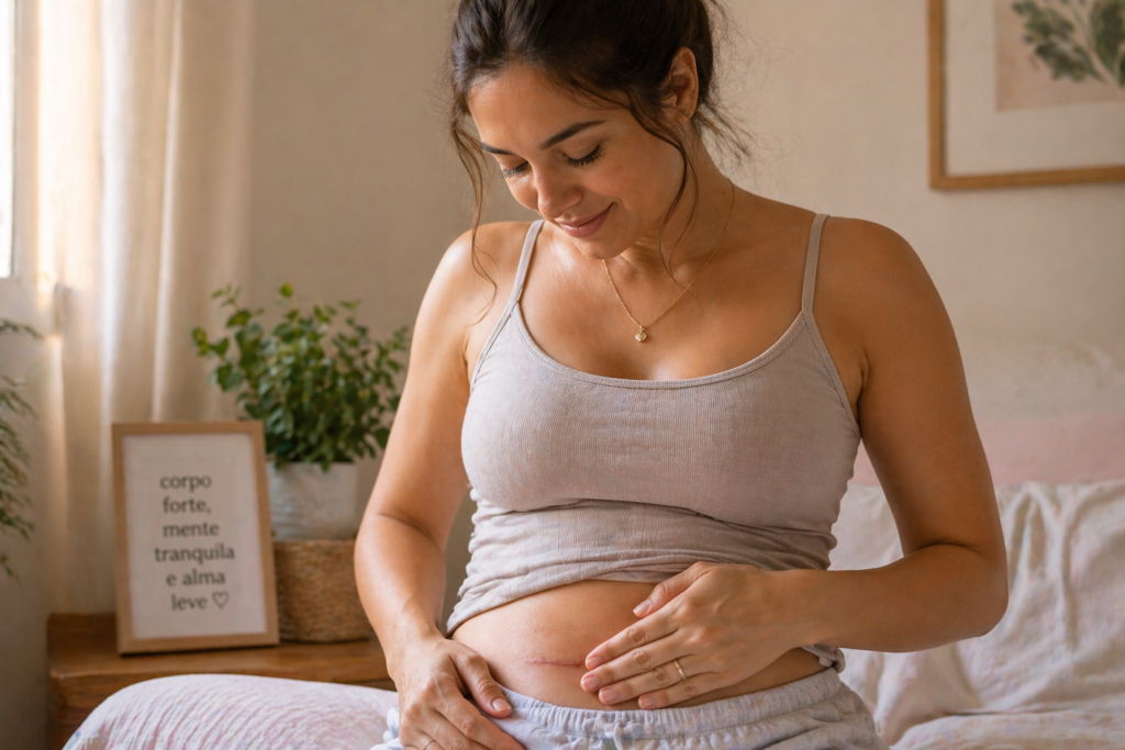 Mulher observando a cicatriz da cesárea com expressão tranquila representando os sinais positivos de cicatrização interna após a cirurgia
