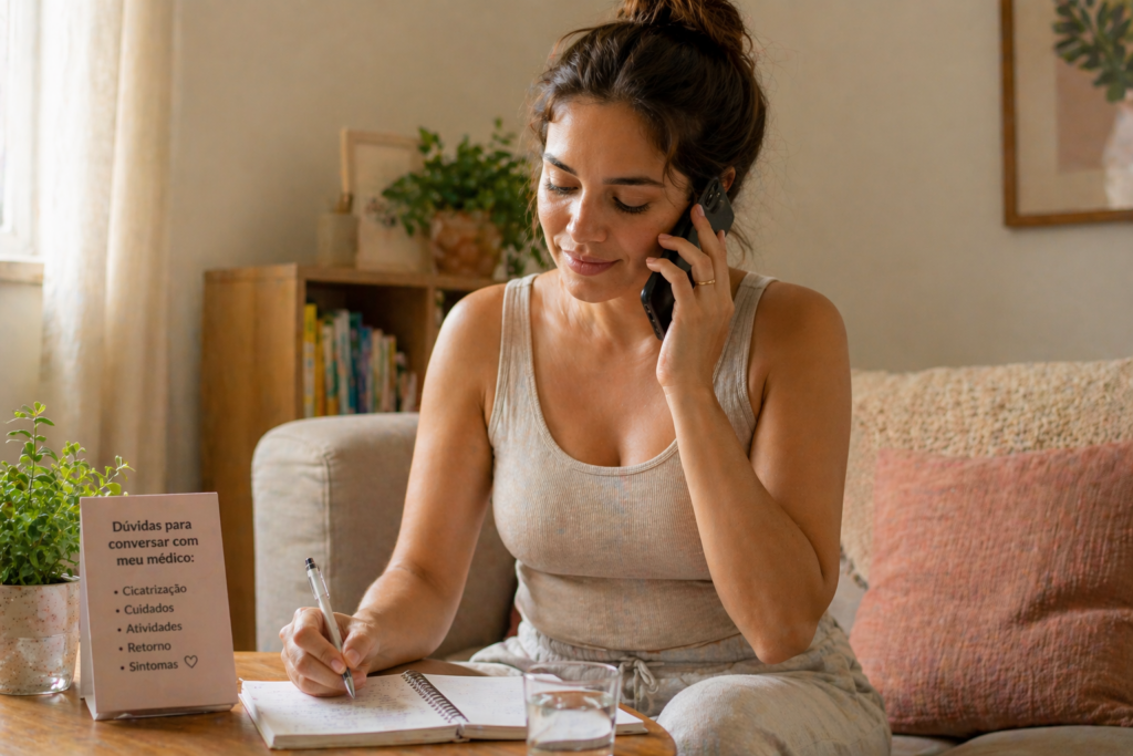 Mulher buscando orientação médica após cesárea ao identificar sinais de alerta durante a recuperação interna