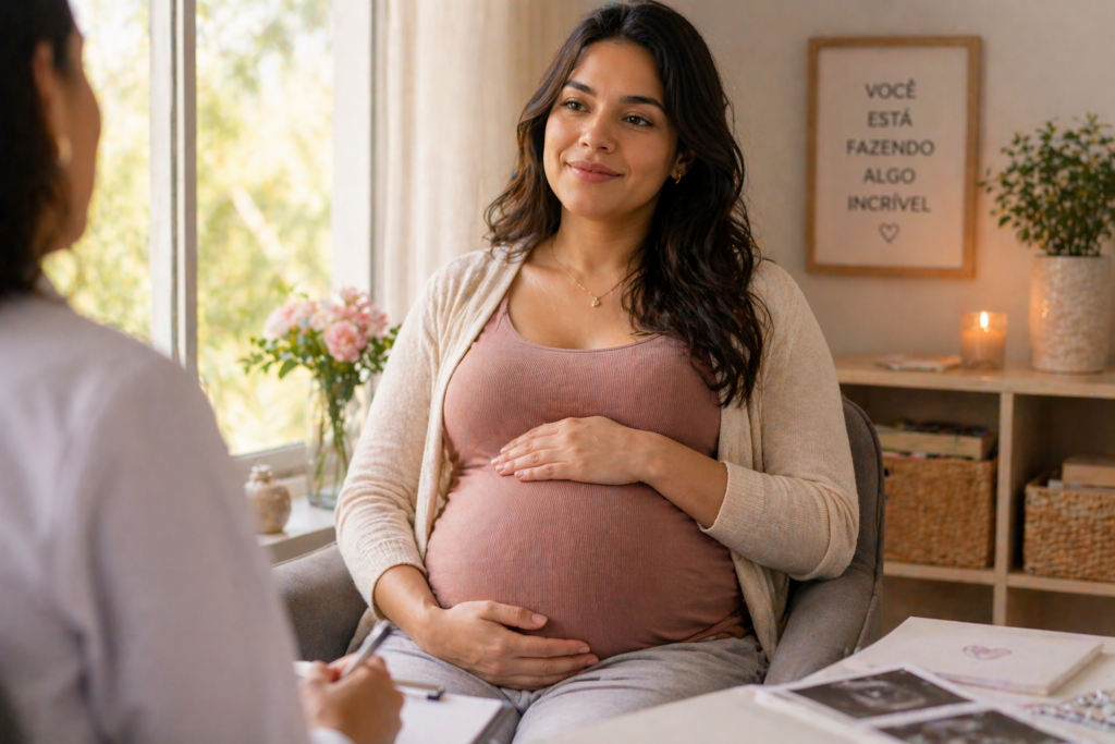 Mulher grávida após cesárea anterior em acompanhamento pré-natal representando a importância da cicatrização interna para a segurança de novas gestações