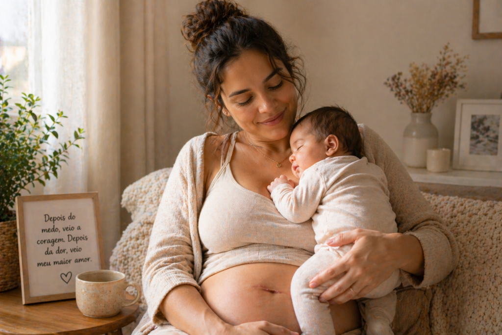 Mãe sorrindo com bebê no colo após recuperação de cesárea representando o cuidado completo com a cicatrização interna e o bem-estar no puerpério