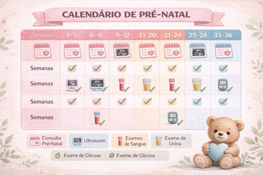 Calendário de pré-natal organizado por semanas de gestação e idade gestacional