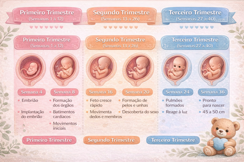 Infográfico dos três trimestres das semanas de gravidez com desenvolvimento fetal